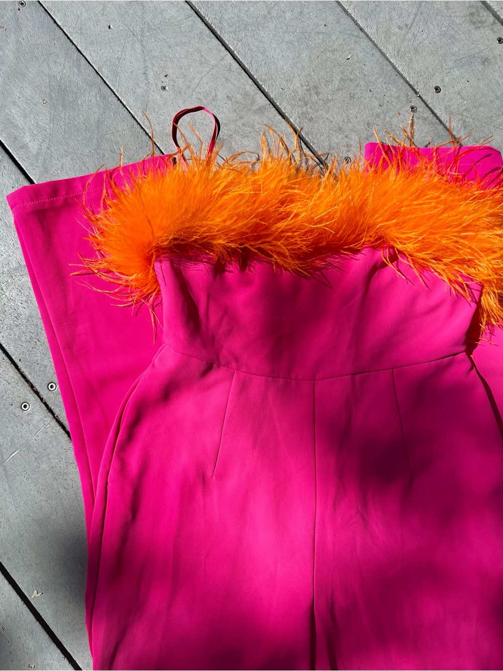 Women’s Bright Pink Feather-Trim Strapless Jumpsuit by Nasty Gal NWT